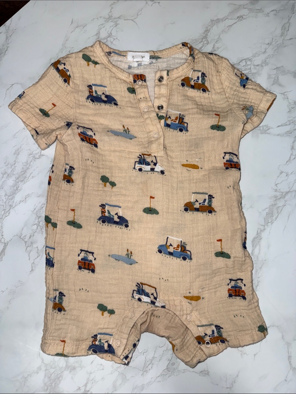Beige Baby Romper with Golf Cart Print Angel Dear